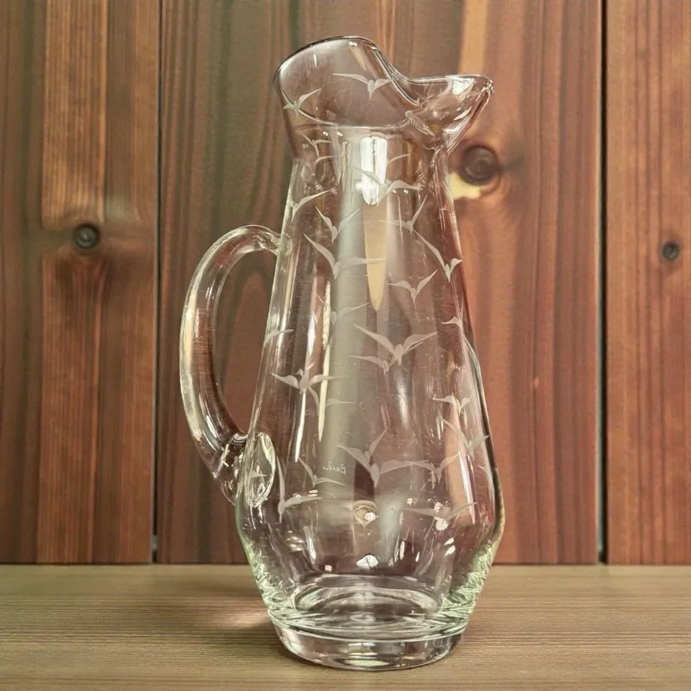 Vintage Mid Century Etched Glass Seagull Pitcher